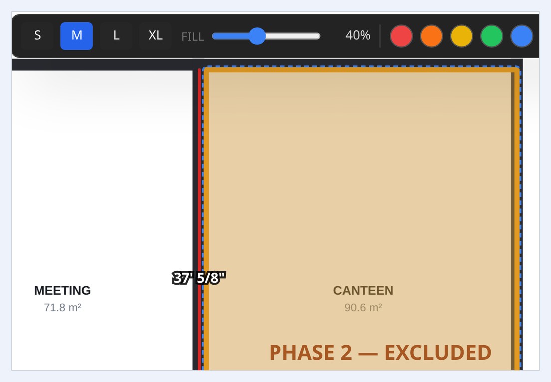 The canteen shaded amber at 40% fill, with the Fill slider and colour swatches above it