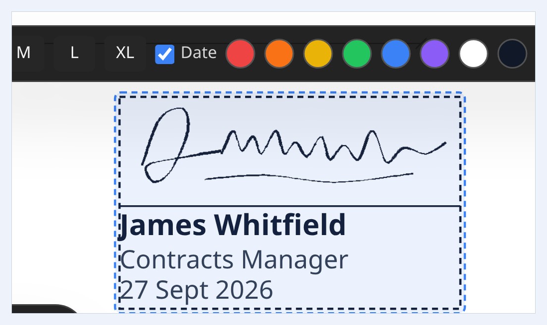 A signature block on a drawing: the handwritten mark, the name, the role and the date, with size and date controls above